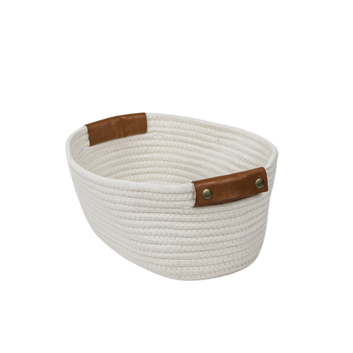 Oval Woven Rope Storage Basket with Leather Handles- White