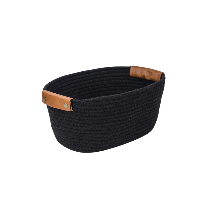 Oval Woven Rope Storage Basket with Leather Handles- Black