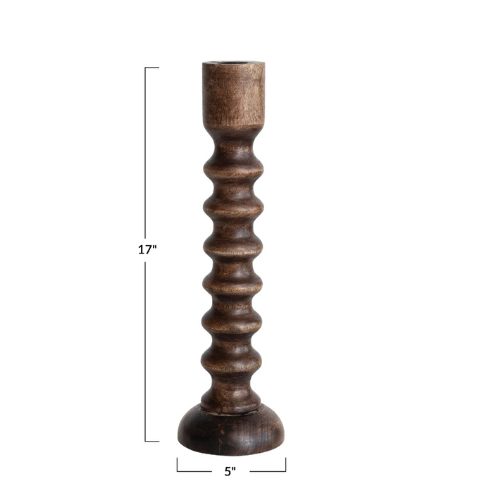 Hand-Carved Mango Wood Taper Holder, Walnut Finish (Short)