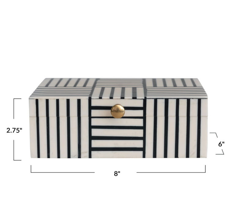 Resin Box w/ Striped Block Pattern & Gold Knob, Black & White